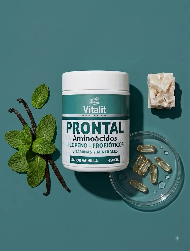 Suplemento Vitalit Prontal sobre fondo verde azulado con menta y vainilla