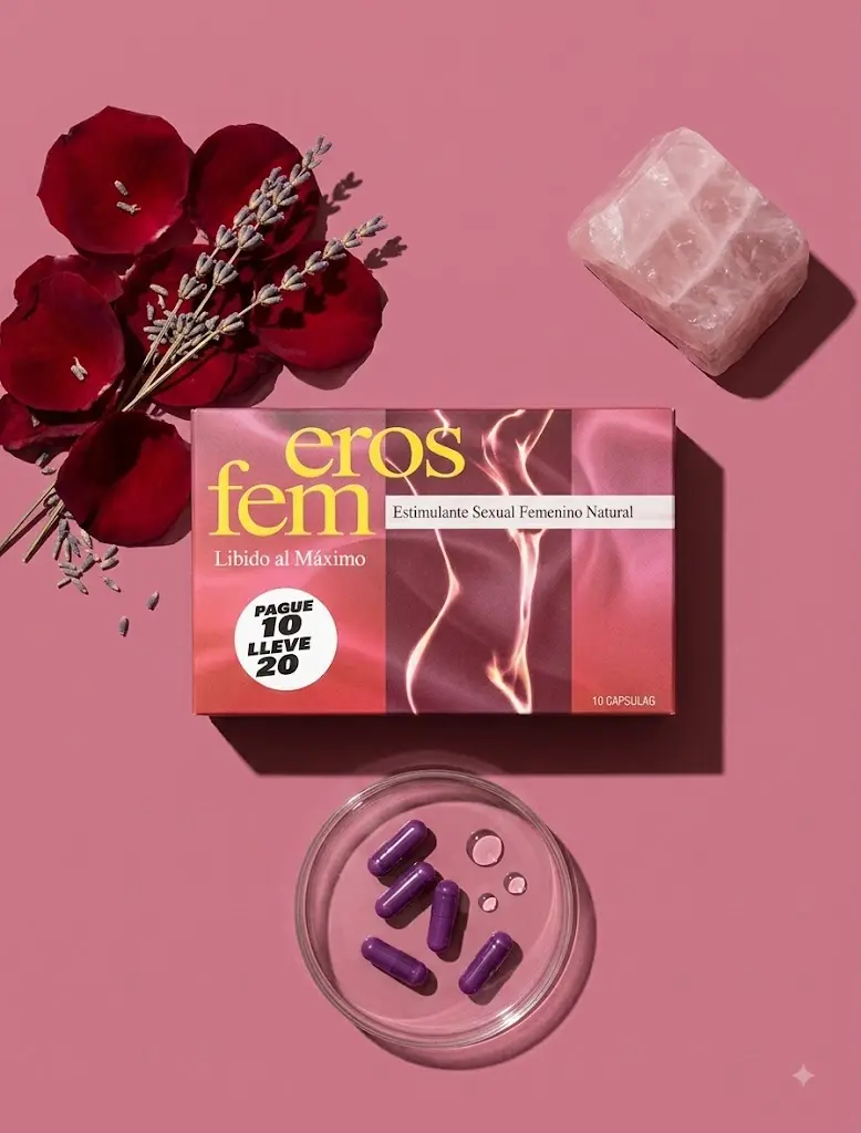 Cápsulas Eros Fem sobre fondo rosa con pétalos de rosa